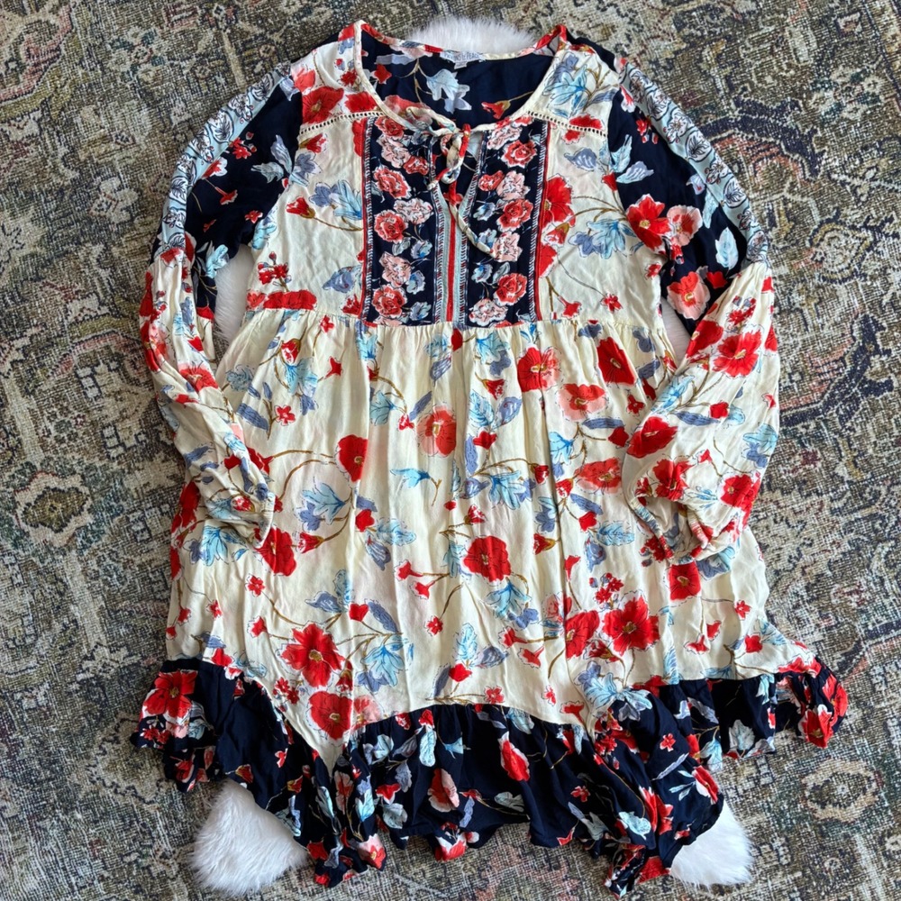 Patrons of Peace‎ Floral Boho Babydoll Patchwork Dress Long Sleeve Medium